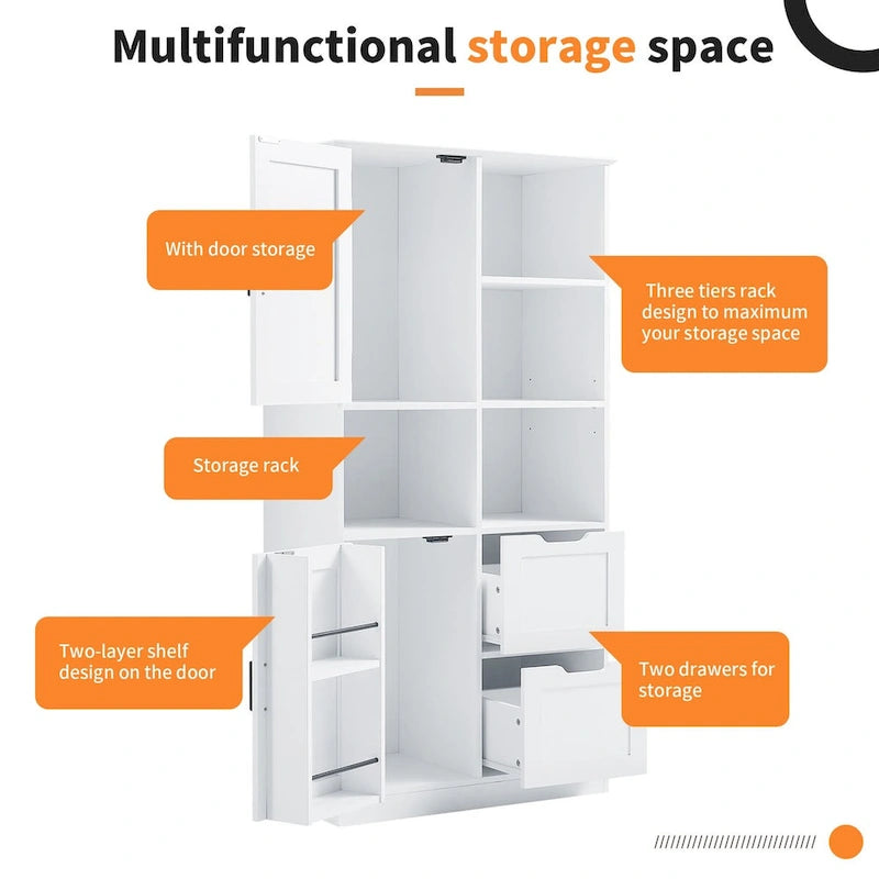 31 in. W x 16 in. D x 62 in. H White Linen Cabinet with Open Shelves and Drawers