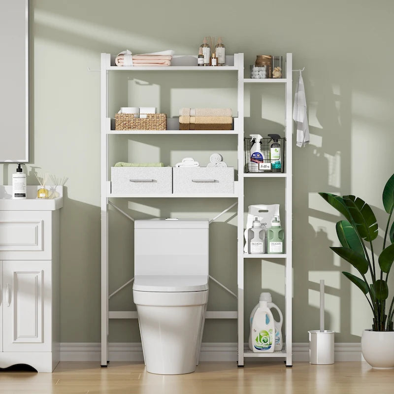 31  W Over the Toilet Storage Shelf with 2 Drawers and 4 Hooks for Restroom and Laundry
