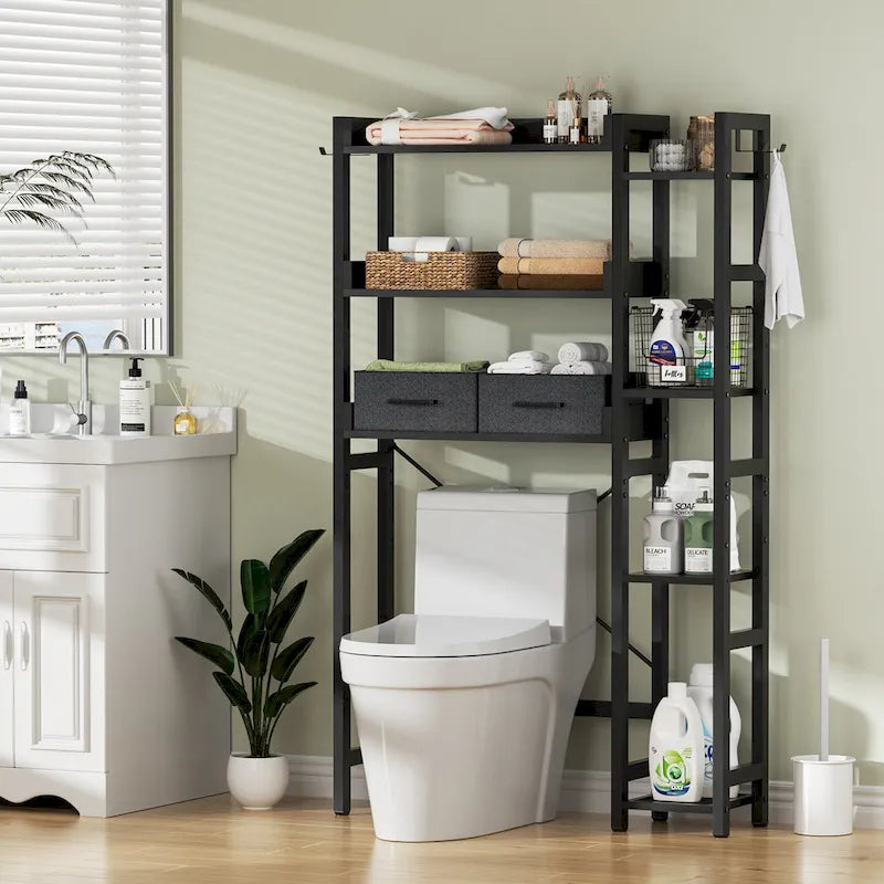 31  W Over the Toilet Storage Shelf with 2 Drawers and 4 Hooks for Restroom and Laundry