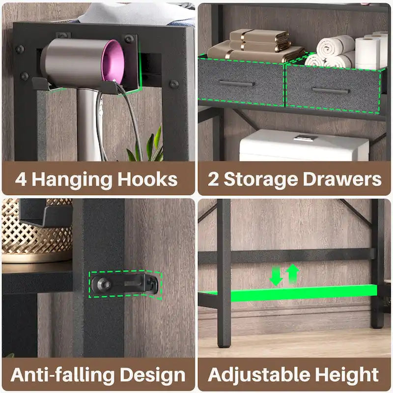 31  W Over the Toilet Storage Shelf with 2 Drawers and 4 Hooks for Restroom and Laundry