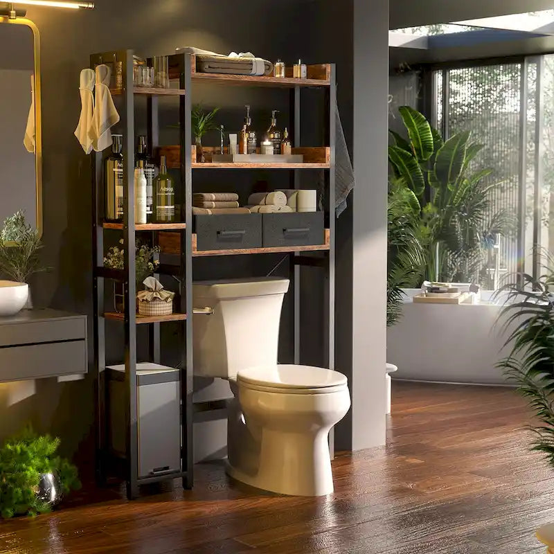 31  W Over the Toilet Storage Shelf with 2 Drawers and 4 Hooks for Restroom and Laundry