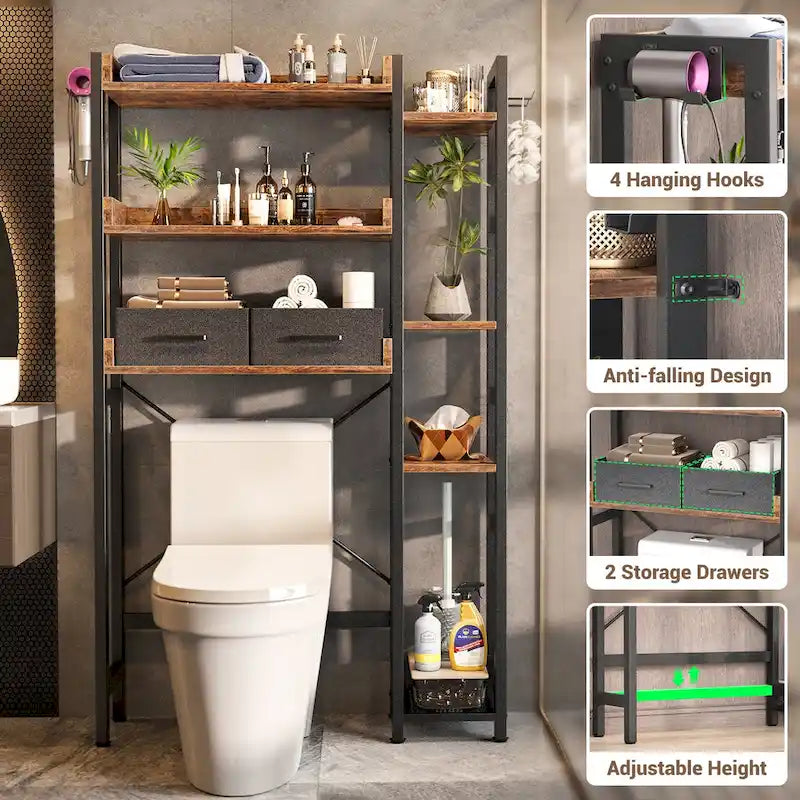 31  W Over the Toilet Storage Shelf with 2 Drawers and 4 Hooks for Restroom and Laundry