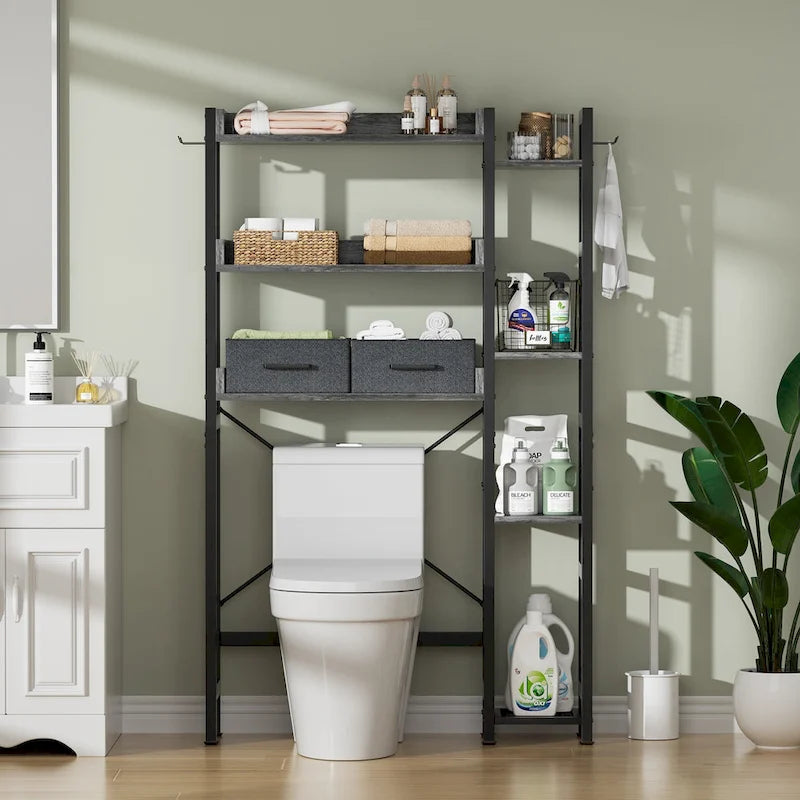 31  W Over the Toilet Storage Shelf with 2 Drawers and 4 Hooks for Restroom and Laundry