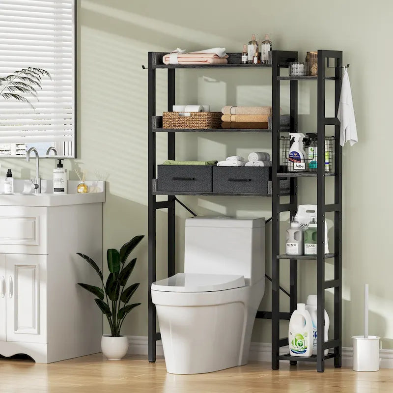 31  W Over the Toilet Storage Shelf with 2 Drawers and 4 Hooks for Restroom and Laundry
