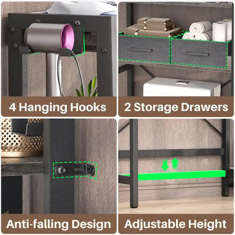 31  W Over the Toilet Storage Shelf with 2 Drawers and 4 Hooks for Restroom and Laundry