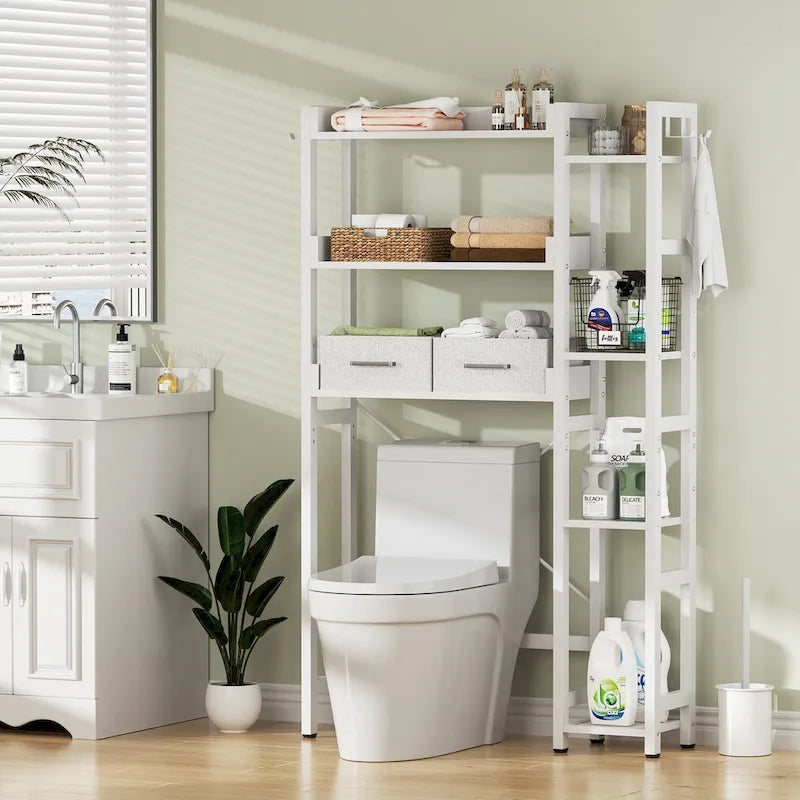 31  W Over the Toilet Storage Shelf with 2 Drawers and 4 Hooks for Restroom and Laundry
