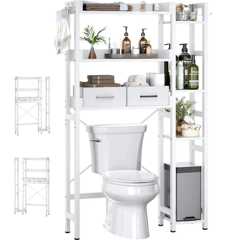 31  W Over the Toilet Storage Shelf with 2 Drawers and 4 Hooks for Restroom and Laundry