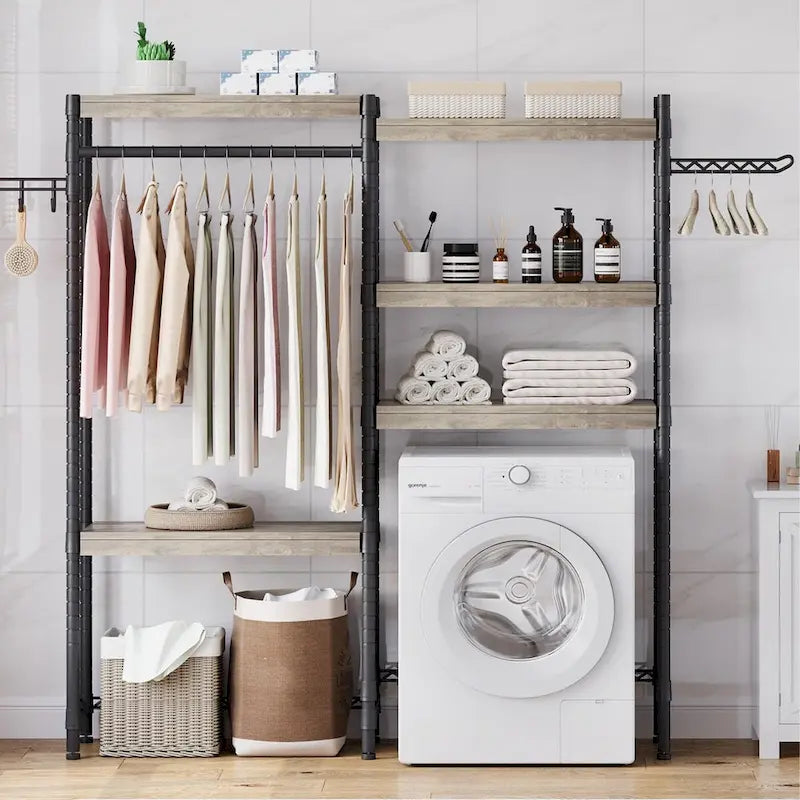 5 Tier Wood Over The Washer and Dryer Storage Shelf with Drying Clothes Racks Laundry Room Shelf Organization and Storage