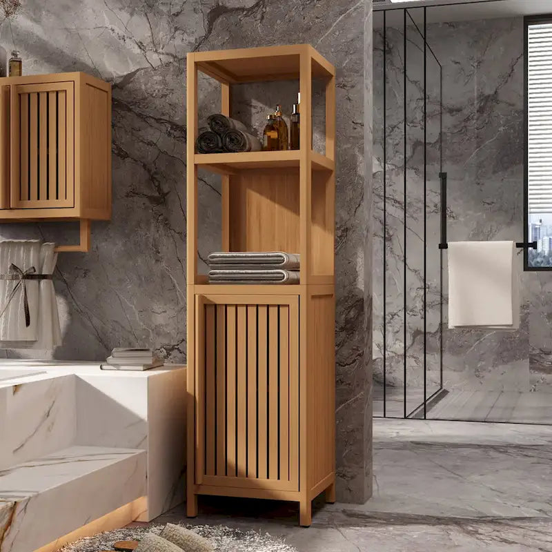 52  Tall Wood 1-door Bathroom Cabinet in Natural with Open Shelf