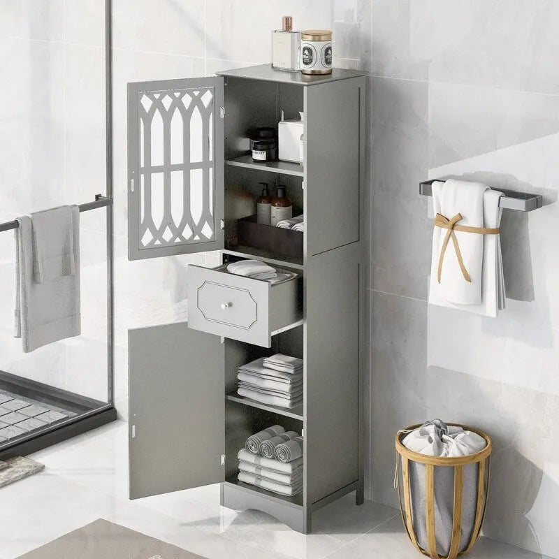 Grondin MDF Board 63.8  Tall Bathroom Tower Cabinet, Freestanding Bathroom Storage Cabinet with Drawer and Acrylic Door