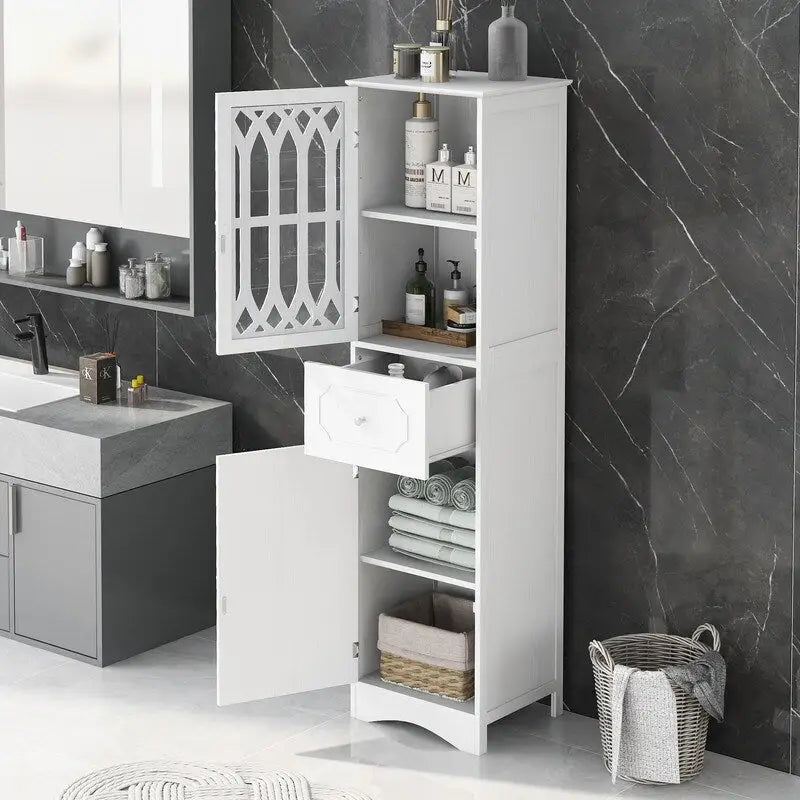 Grondin MDF Board 63.8  Tall Bathroom Tower Cabinet, Freestanding Bathroom Storage Cabinet with Drawer and Acrylic Door