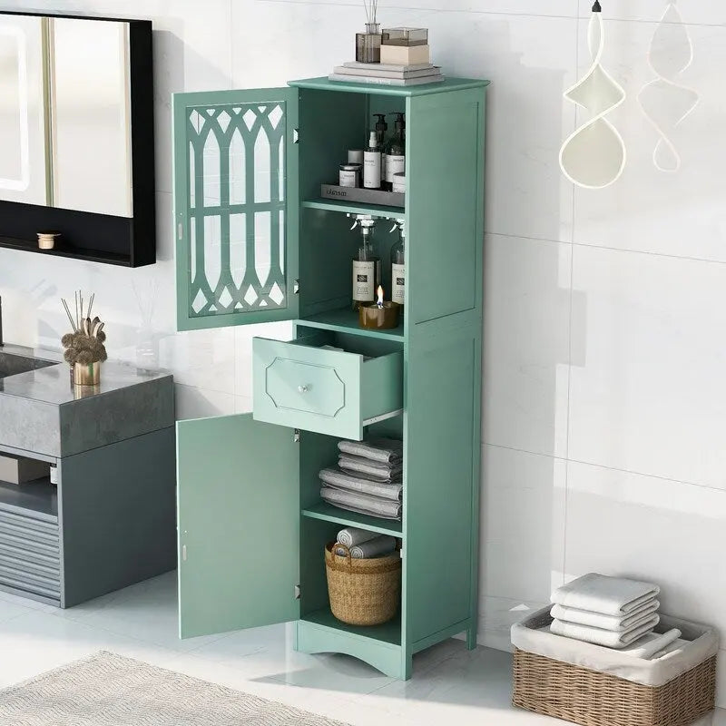 Grondin MDF Board 63.8  Tall Bathroom Tower Cabinet, Freestanding Bathroom Storage Cabinet with Drawer and Acrylic Door