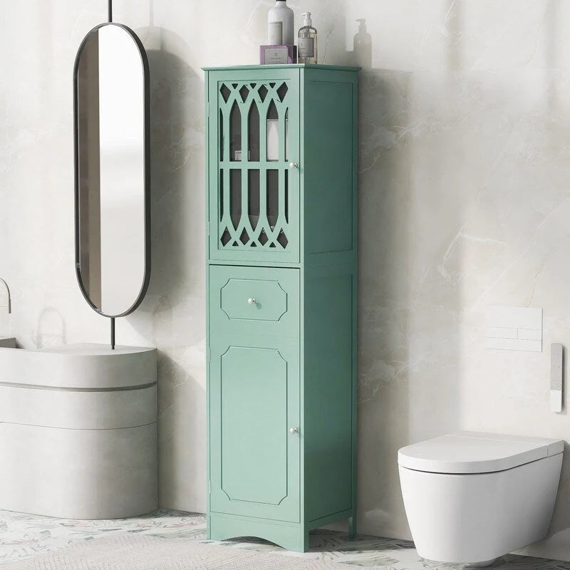 Grondin MDF Board 63.8  Tall Bathroom Tower Cabinet, Freestanding Bathroom Storage Cabinet with Drawer and Acrylic Door