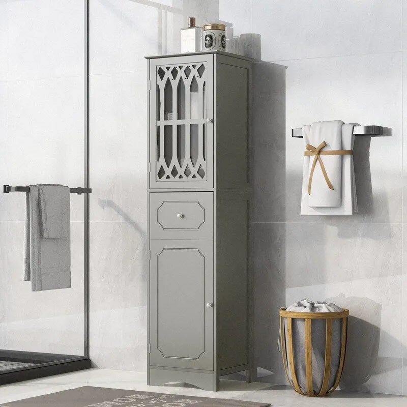 Grondin MDF Board 63.8  Tall Bathroom Tower Cabinet, Freestanding Bathroom Storage Cabinet with Drawer and Acrylic Door