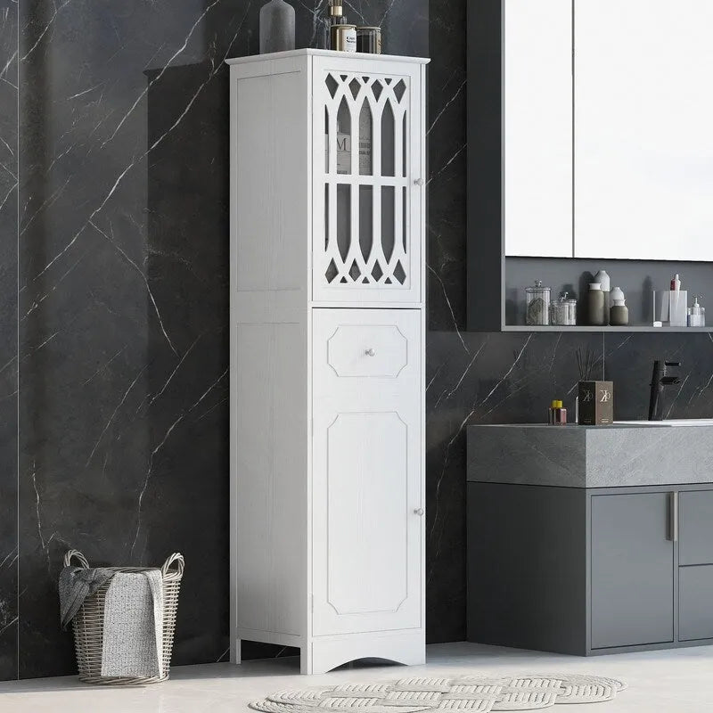 Grondin MDF Board 63.8  Tall Bathroom Tower Cabinet, Freestanding Bathroom Storage Cabinet with Drawer and Acrylic Door