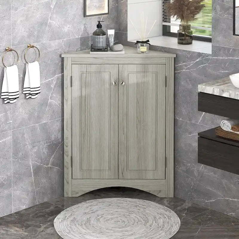 32  Wood 2-door Bathroom Corner Cabinet with Adjustable Shelves