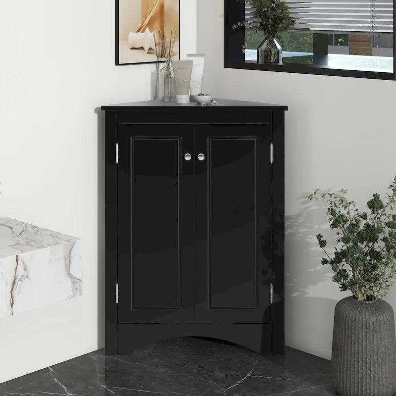 32  Wood 2-door Bathroom Corner Cabinet with Adjustable Shelves