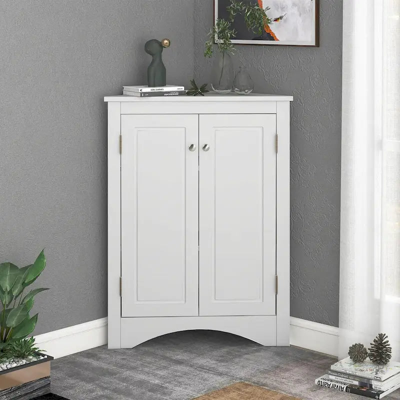 32  Wood 2-door Bathroom Corner Cabinet with Adjustable Shelves