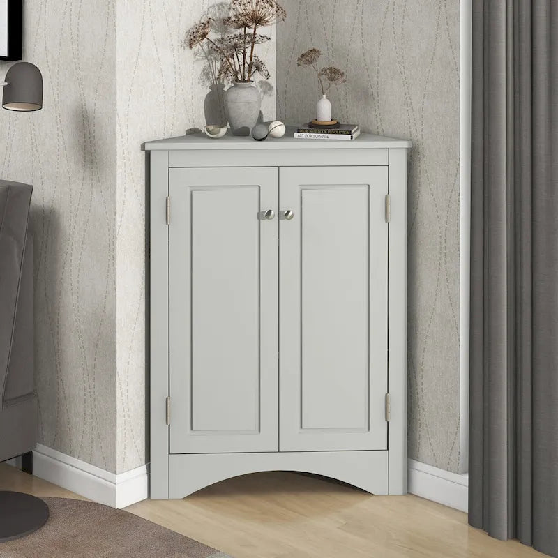 32  Wood 2-door Bathroom Corner Cabinet with Adjustable Shelves