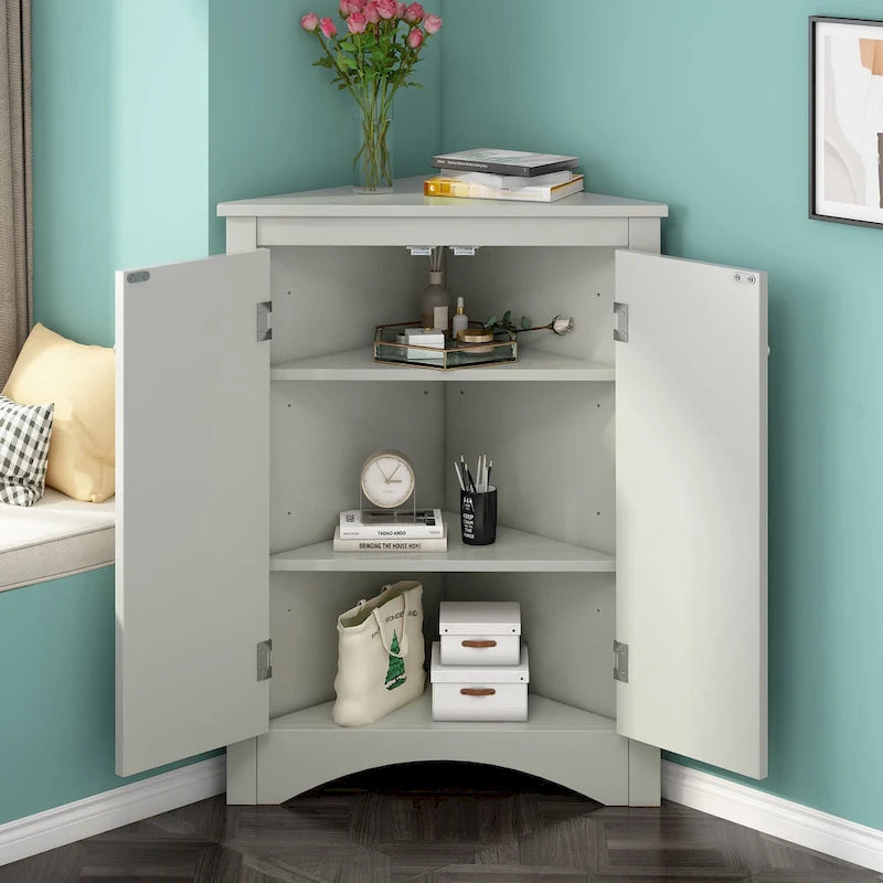 32  Wood 2-door Bathroom Corner Cabinet with Adjustable Shelves