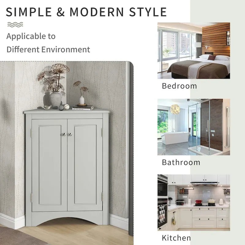 32  Wood 2-door Bathroom Corner Cabinet with Adjustable Shelves