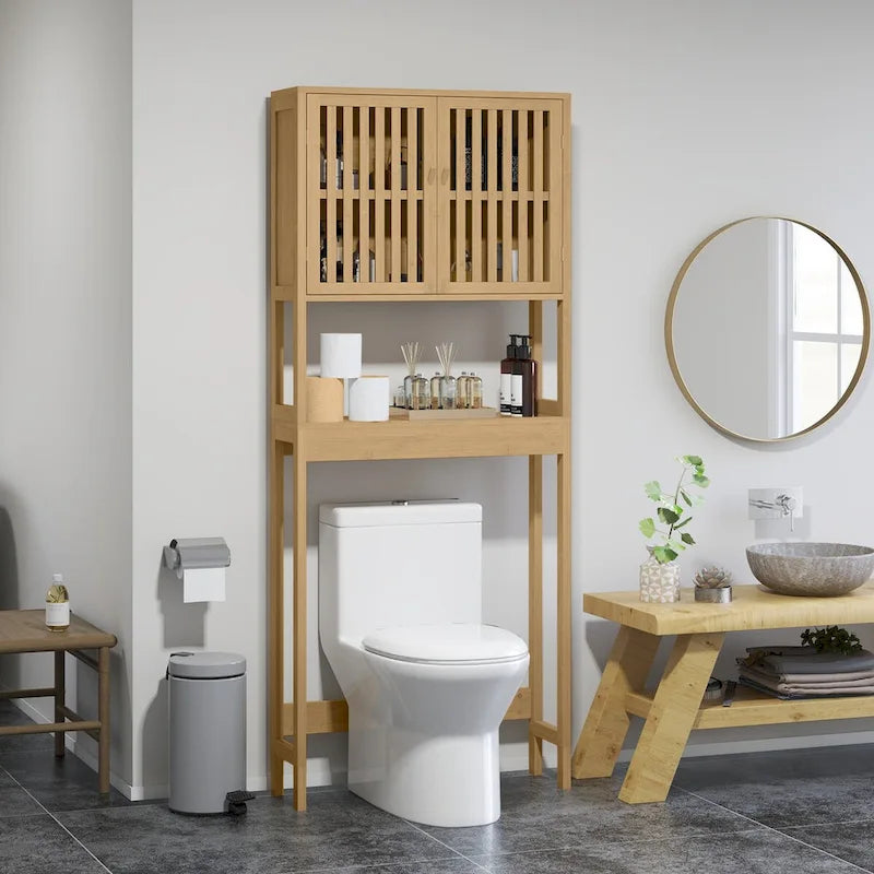 HOMCOM Bamboo Over the Toilet Storage Cabinet, Over Toilet Bathroom Organizer with Slatted Doors, Adjustable Shelf