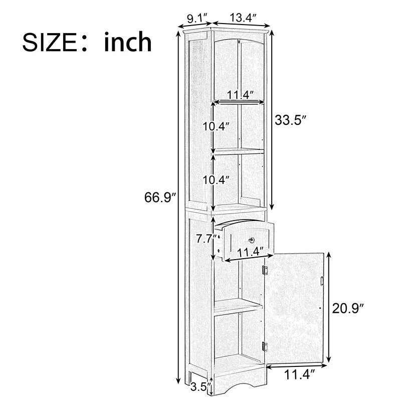 67  Tall Bathroom Organizers and Cabinet, Freestanding Storage Cabinet with Drawer, Door and Adjustable Shelves