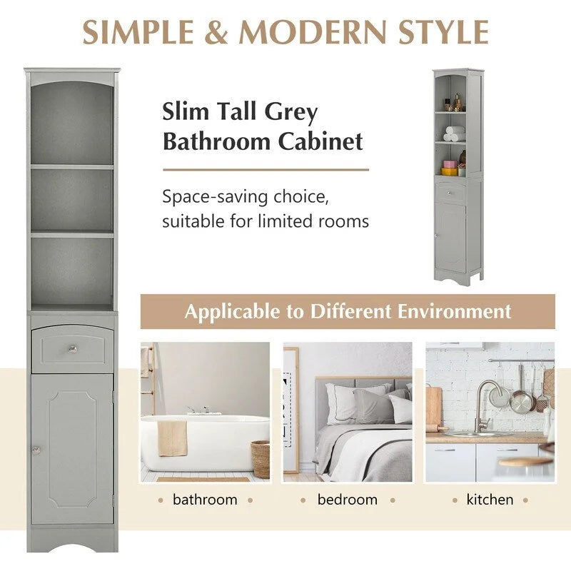 67  Tall Bathroom Organizers and Cabinet, Freestanding Storage Cabinet with Drawer, Door and Adjustable Shelves
