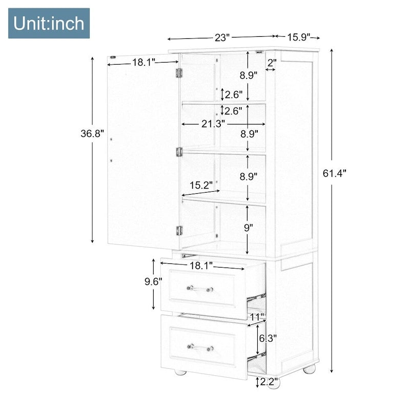 61.4  Tall Bathroom Storage Cabinet, Two Drawers and Adjustable Shelf