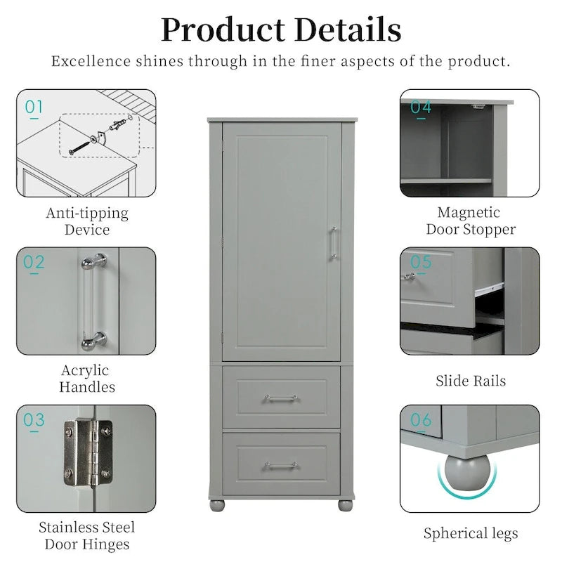 61.4  Tall Bathroom Storage Cabinet, Two Drawers and Adjustable Shelf