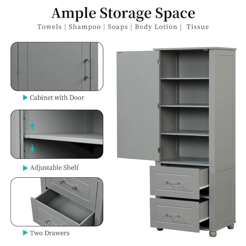 61.4  Tall Bathroom Storage Cabinet, Two Drawers and Adjustable Shelf