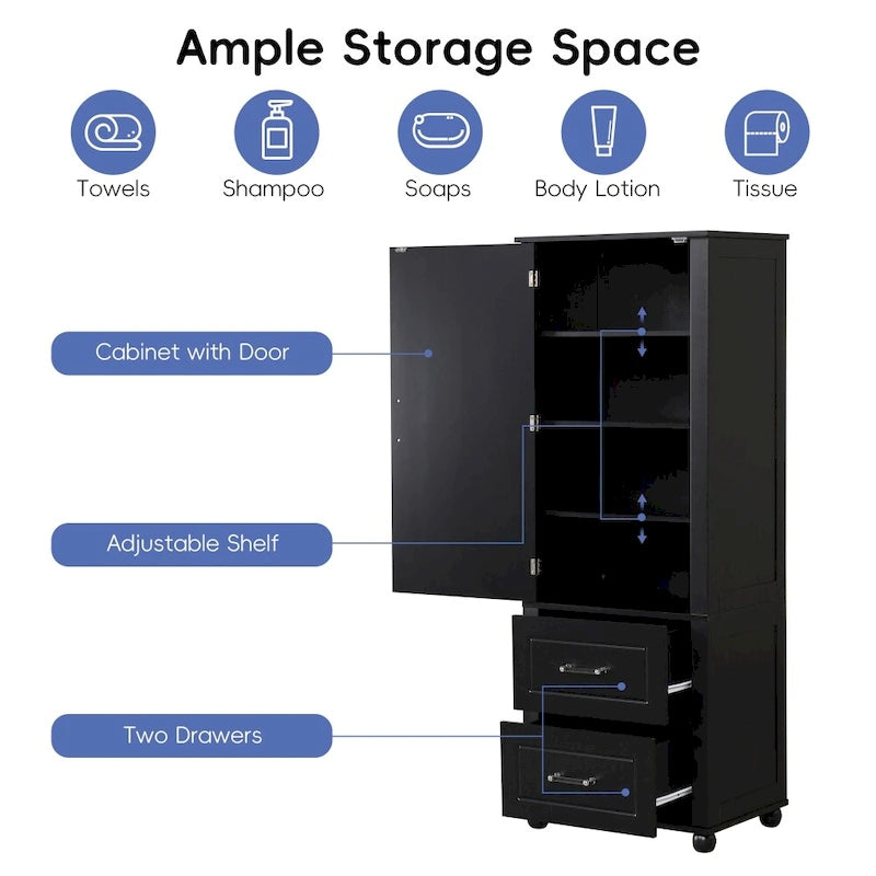 61.4  Tall Bathroom Storage Cabinet, Two Drawers and Adjustable Shelf