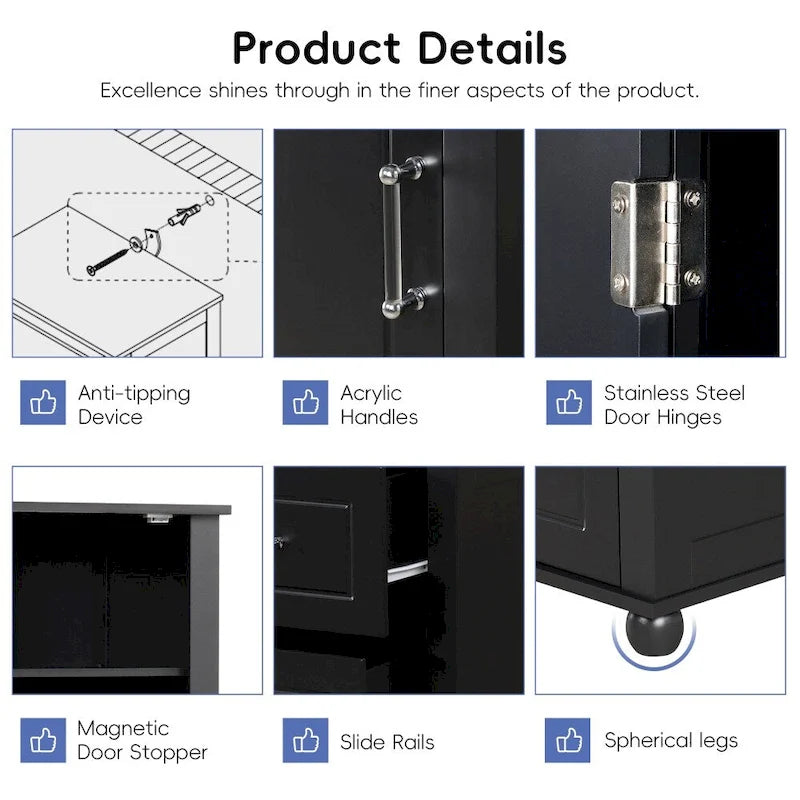 61.4  Tall Bathroom Storage Cabinet, Two Drawers and Adjustable Shelf
