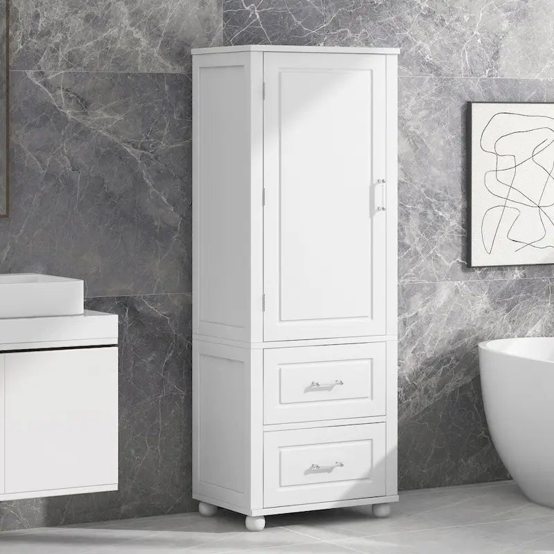 61.4  Tall Bathroom Storage Cabinet, Two Drawers and Adjustable Shelf