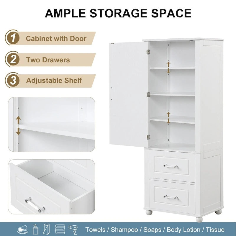 61.4  Tall Bathroom Storage Cabinet, Two Drawers and Adjustable Shelf