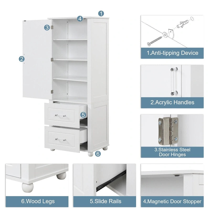 61.4  Tall Bathroom Storage Cabinet, Two Drawers and Adjustable Shelf