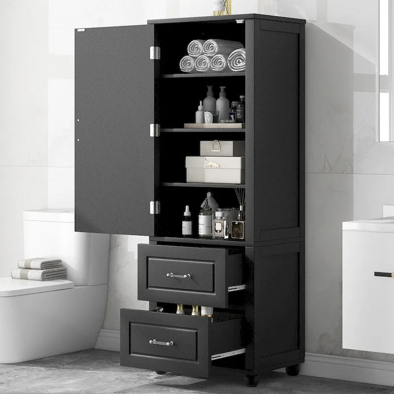 Freestanding Tall Bathroom Storage Cabinet with Door, 2 Drawers and Adjustable Shelf
