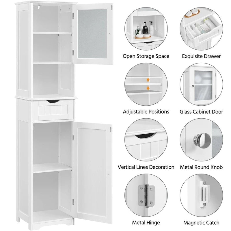 Yaheetech Freestanding Storage Cabinet Kitchen Cupboard with Glass Door, White - N/A
